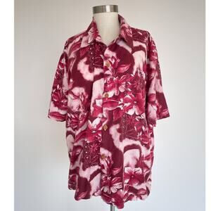Vtg 90s SWOBO Burgundy Tropical Floral Button Up Mens Aloha Shirt / XL / Cycling